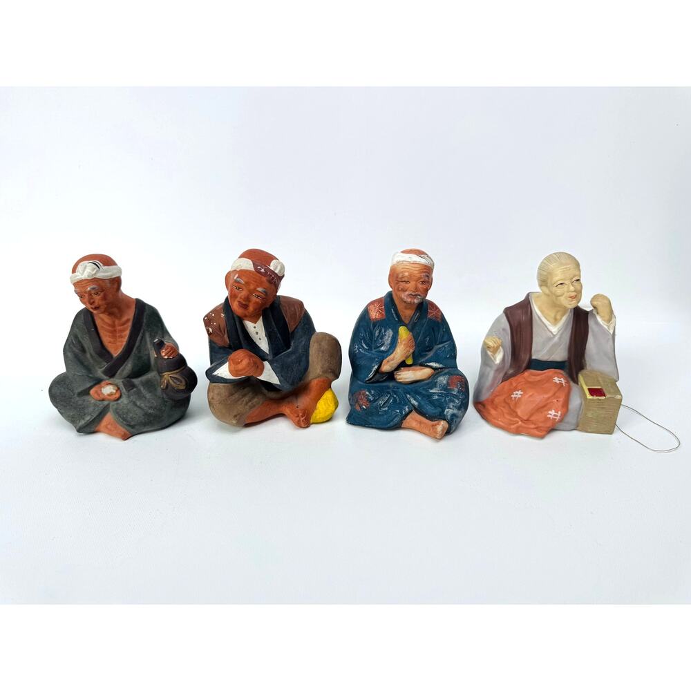 Vintage Japanese Hakata Clay Dolls Set of 4 Hand Painted Folk Figures